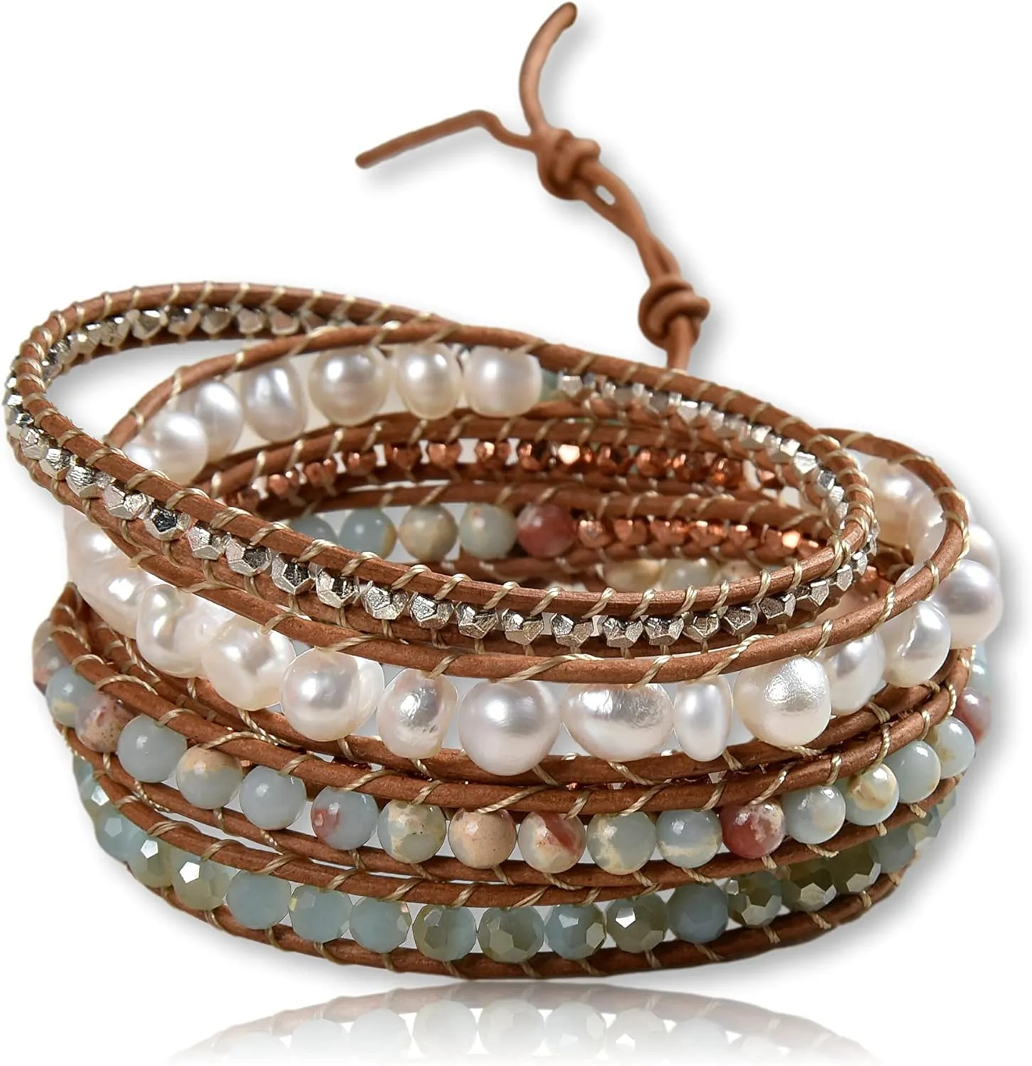 Multi-layer Hand Crafted Cultured Freshwater Pearl Gemstone Beaded on Genuine Leather Boho Style Leather Wrap Bracelet Super Wrap Bracelet 35" Long, up to 5 Wraps.