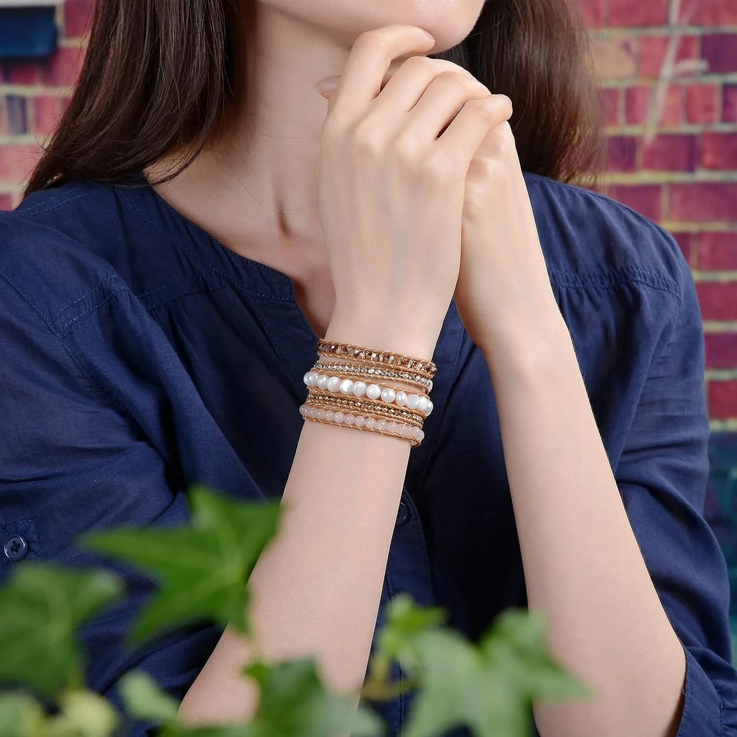 Multi-layer Hand Crafted Cultured Freshwater Pearl Gemstone Beaded on Genuine Leather Boho Style Leather Wrap Bracelet Super Wrap Bracelet 35" Long, up to 5 Wraps.
