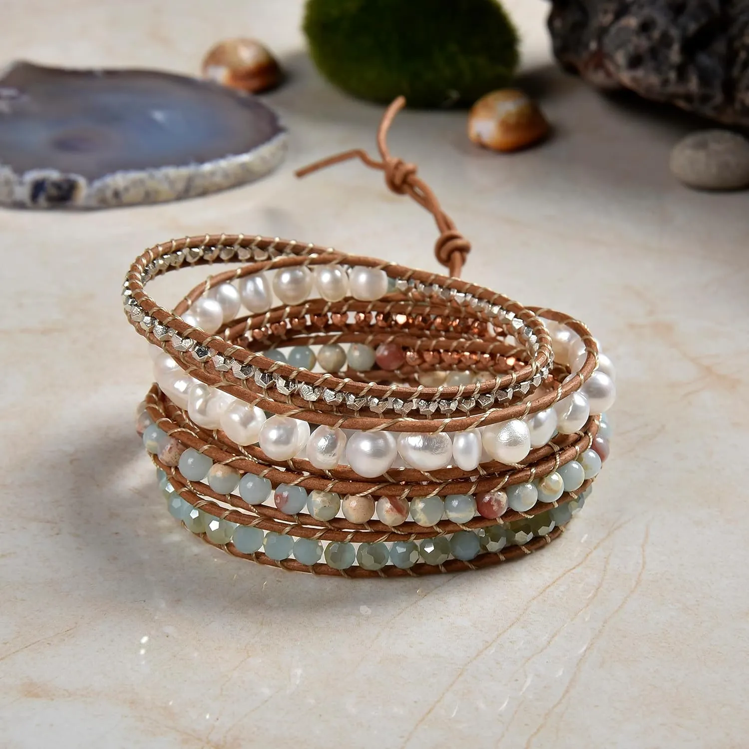 Multi-layer Hand Crafted Cultured Freshwater Pearl Gemstone Beaded on Genuine Leather Boho Style Leather Wrap Bracelet Super Wrap Bracelet 35" Long, up to 5 Wraps.