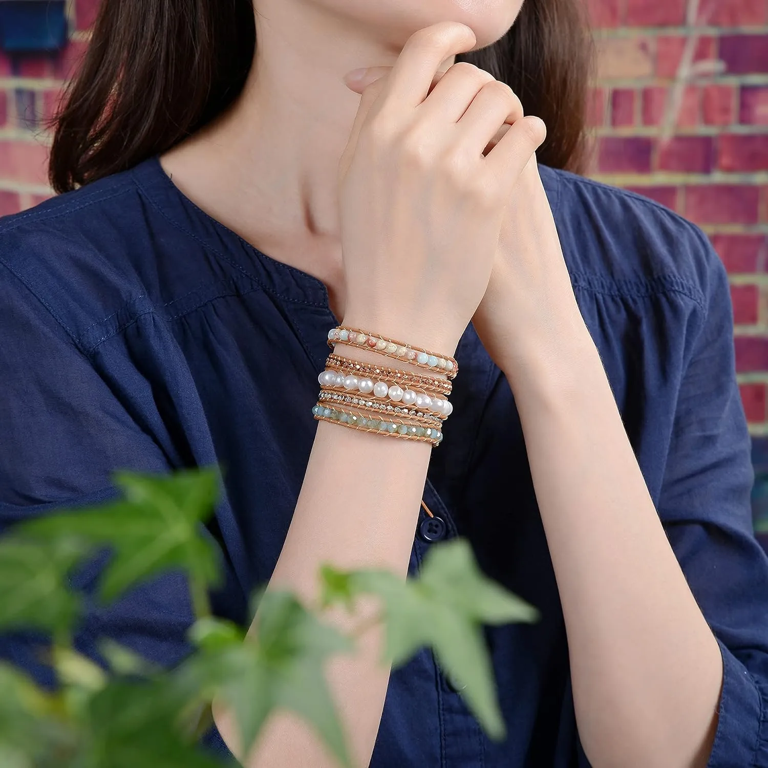 Multi-layer Hand Crafted Cultured Freshwater Pearl Gemstone Beaded on Genuine Leather Boho Style Leather Wrap Bracelet Super Wrap Bracelet 35" Long, up to 5 Wraps.