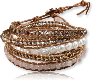 Multi-layer Hand Crafted Cultured Freshwater Pearl Gemstone Beaded on Genuine Leather Boho Style Leather Wrap Bracelet Super Wrap Bracelet 35" Long, up to 5 Wraps.
