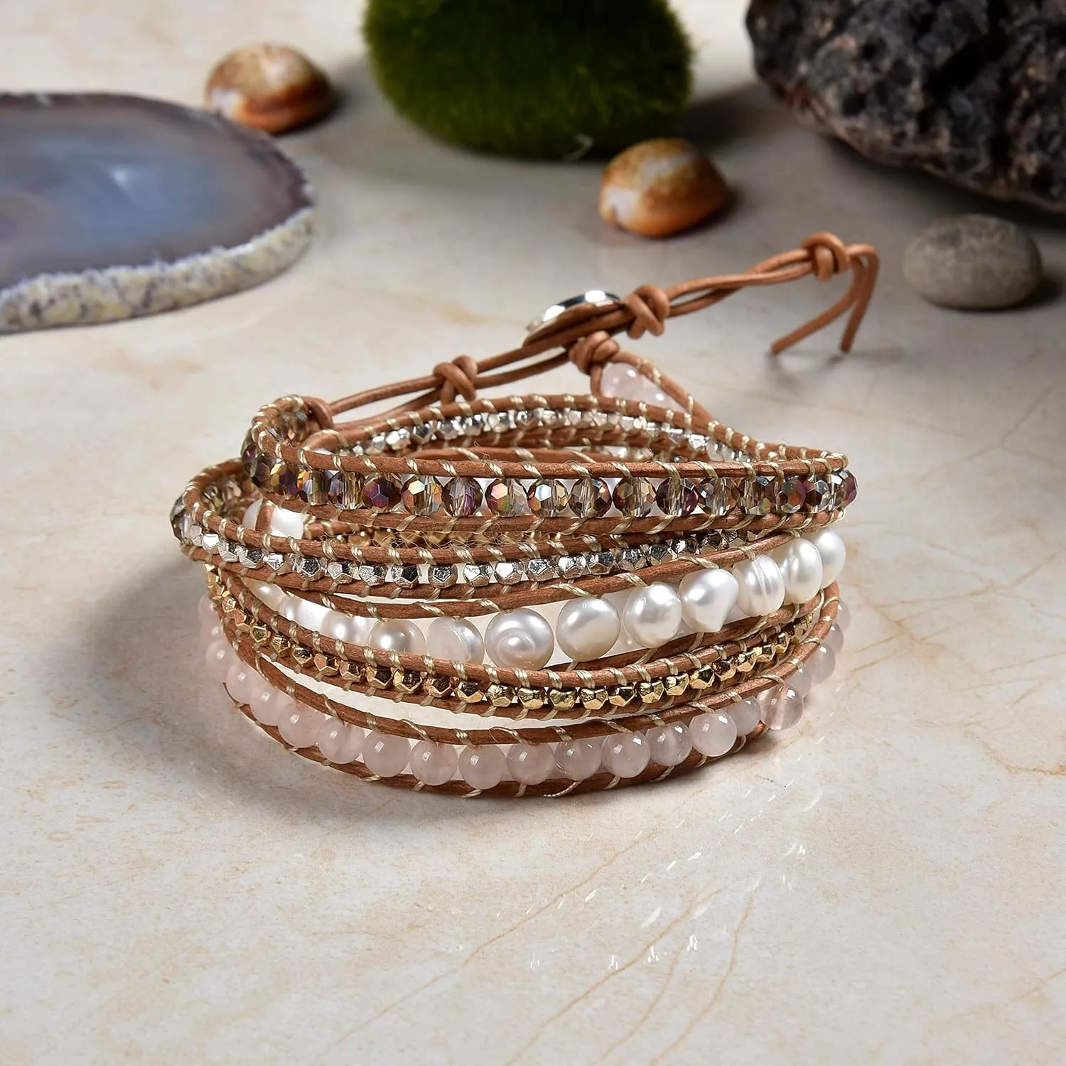 Multi-layer Hand Crafted Cultured Freshwater Pearl Gemstone Beaded on Genuine Leather Boho Style Leather Wrap Bracelet Super Wrap Bracelet 35" Long, up to 5 Wraps.