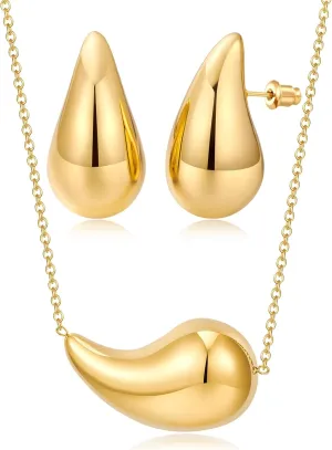 MUYAN Gold Waterdrop Pendant Necklace Earrings for Women Minimalist Simple Teardrop Chain Necklace Earrings Set Fashion Jewelry