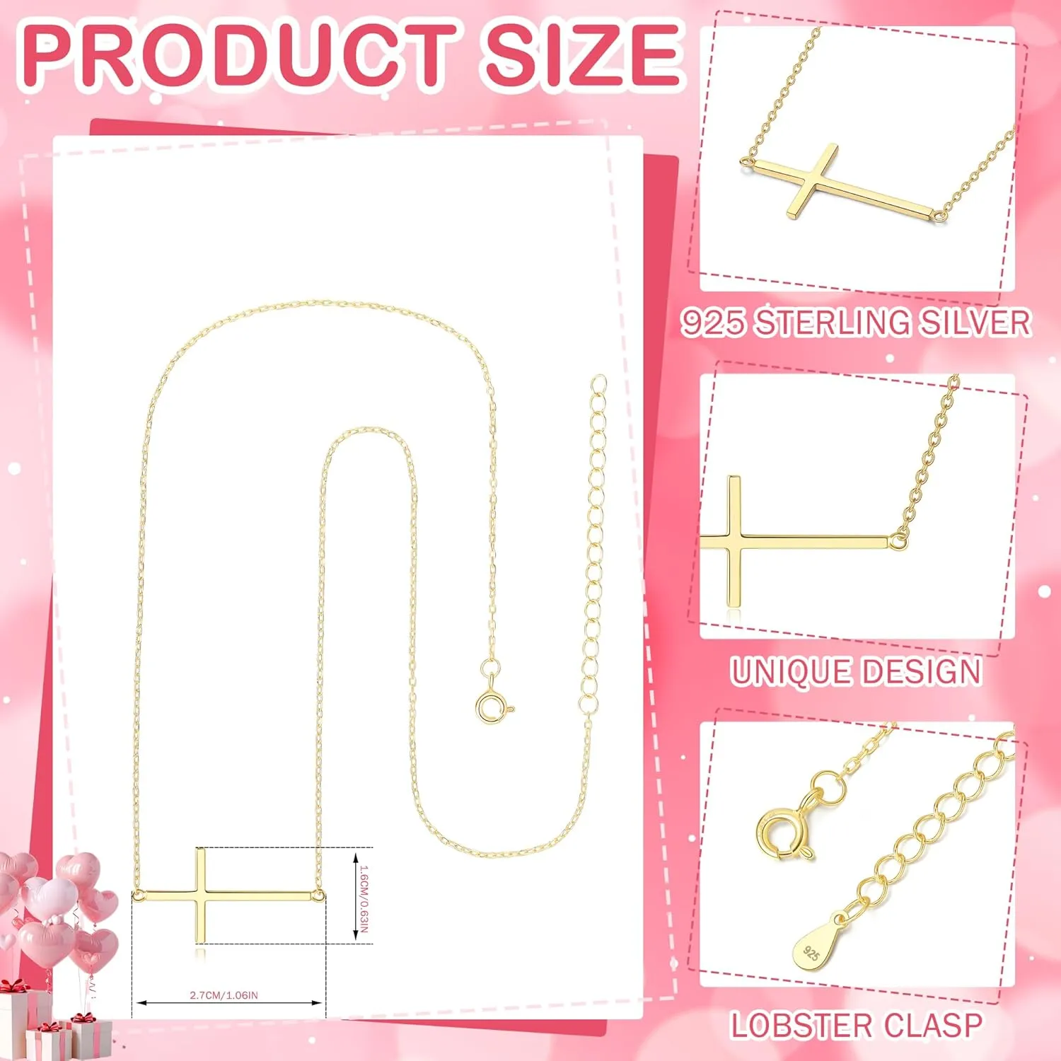 My Daily Styles 925 Silver Sideways Cross Necklace For Women Latin Cross Necklace with Adjustable Chain - Gold and Silver Cross Necklaces for Girls - Perfect Religious Gift