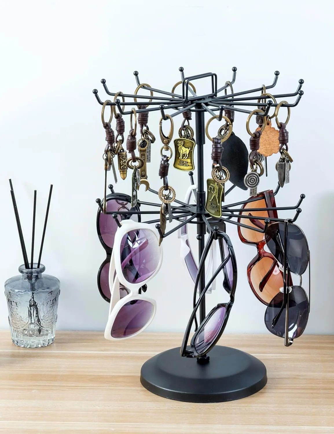 MyGift 2 Tier Black Metal Rotating Necklace and Bracelet Organizer Jewelry Stand with 24 Hooks, Multipurpose Accessory and Keychain Spinning Display Rack with Top Handle Card Holder