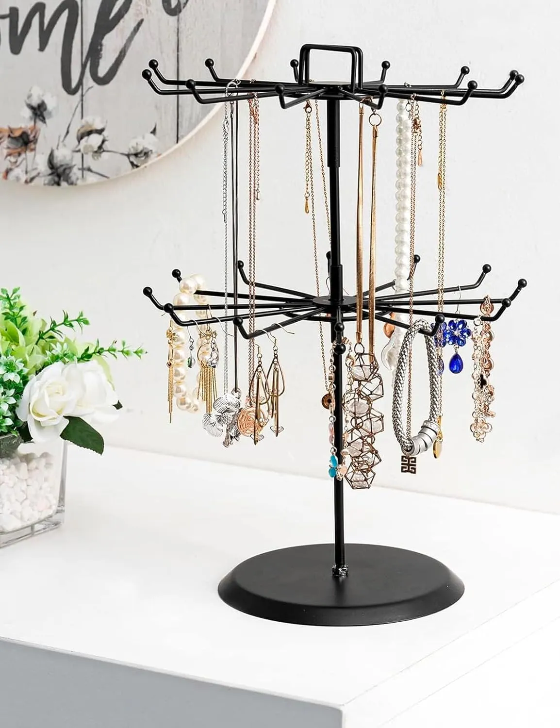 MyGift 2 Tier Black Metal Rotating Necklace and Bracelet Organizer Jewelry Stand with 24 Hooks, Multipurpose Accessory and Keychain Spinning Display Rack with Top Handle Card Holder