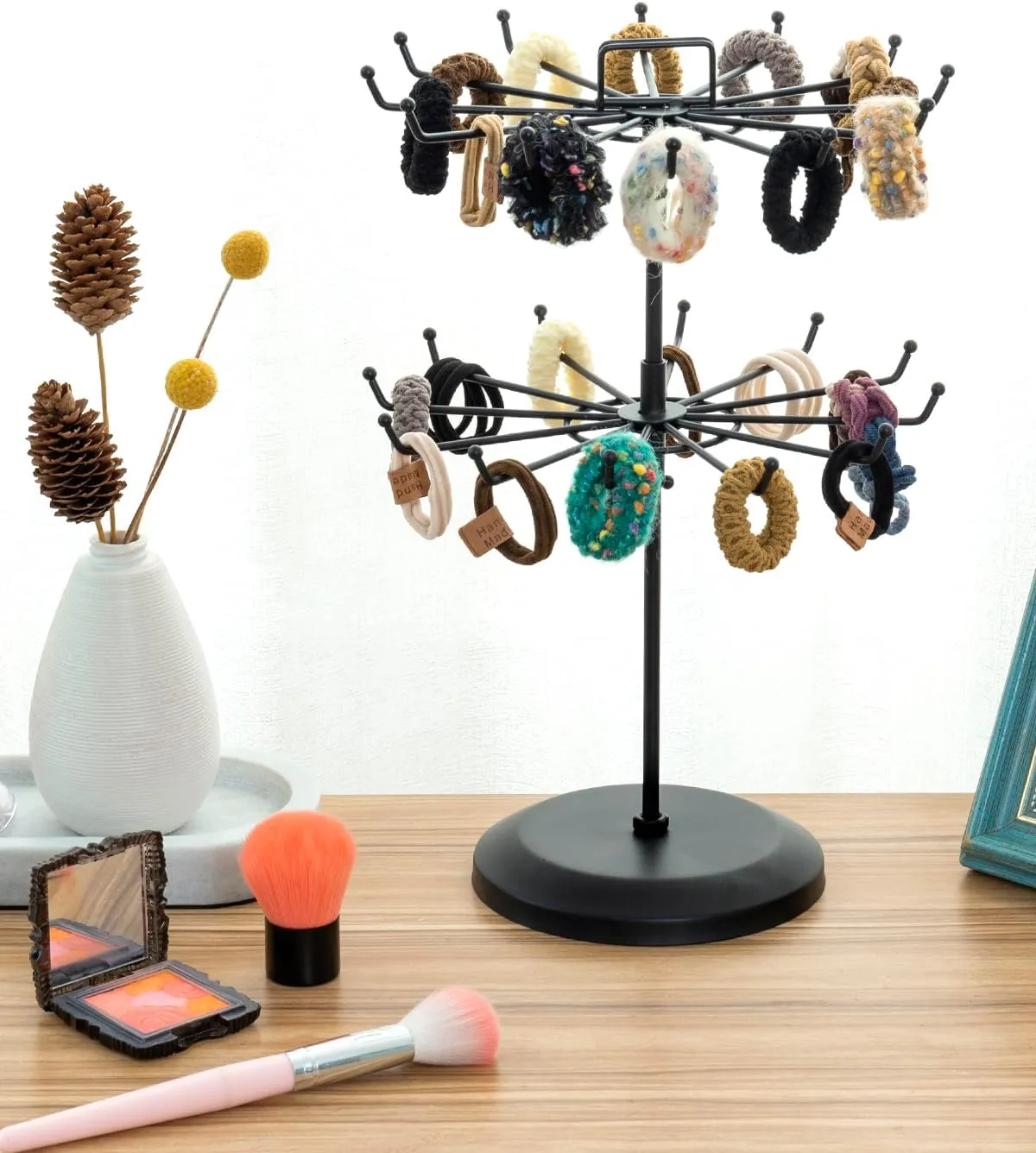 MyGift 2 Tier Black Metal Rotating Necklace and Bracelet Organizer Jewelry Stand with 24 Hooks, Multipurpose Accessory and Keychain Spinning Display Rack with Top Handle Card Holder