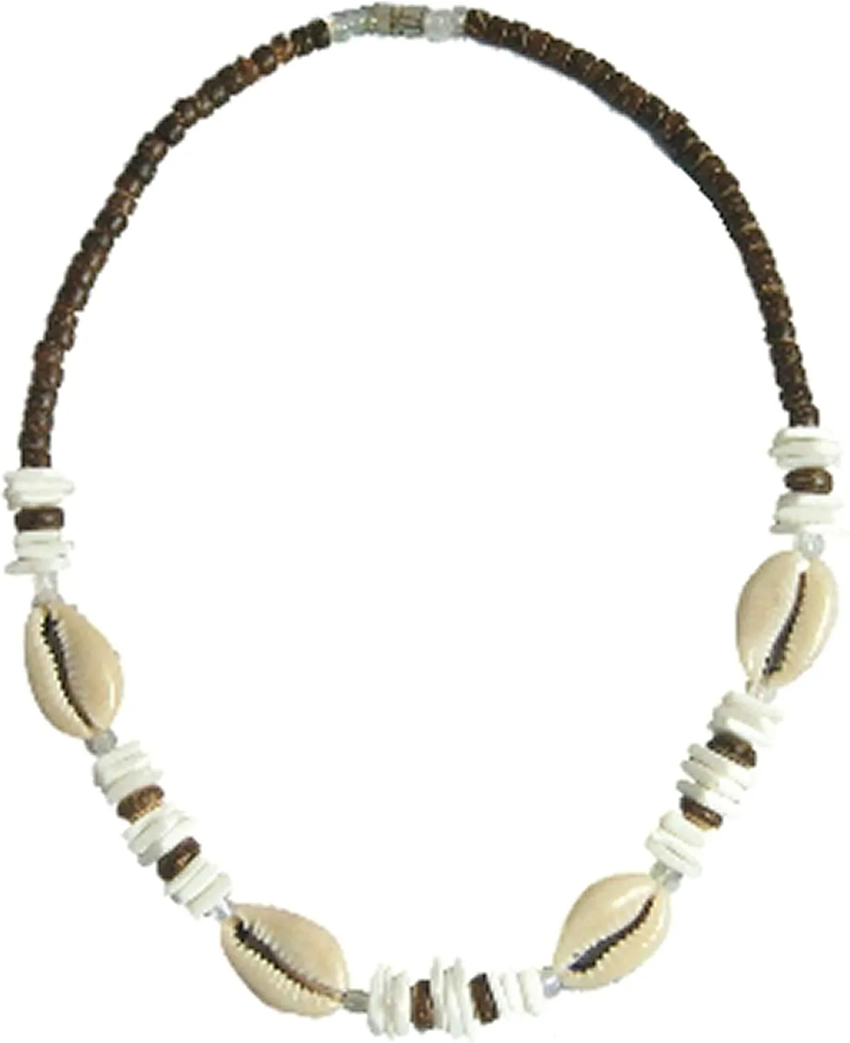 Native Treasure 18" Mens and Womens Cut Cowrie Shells, 5mm Brown Coco Beads From Coconuts, White Rose Clam Chips Ark Shells, Summer Beach Necklace From the Philippines