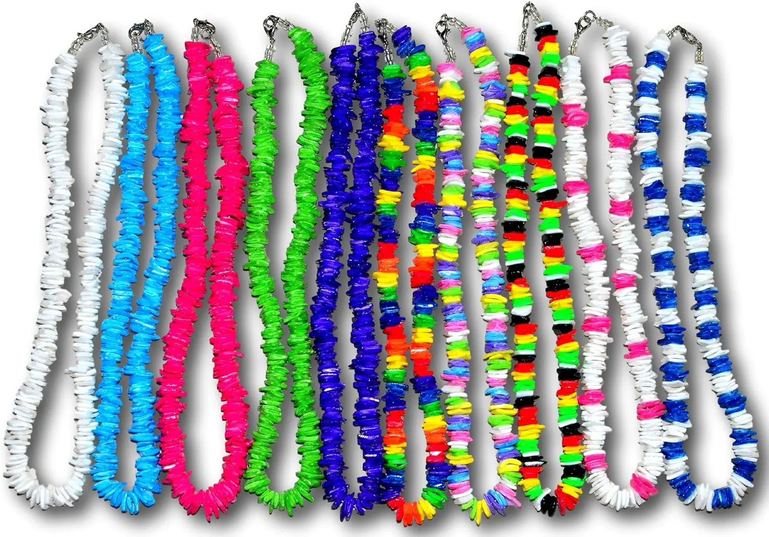 Native Treasure Choose 1, 18" Mens and Womens White or Color Fast Tie-Dye White Clam Chips Ark Shells Necklace, Summer Beach Surfer Necklace From the Philippines - with Lobster Clasp