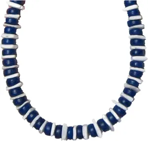 Native Treasure Mens and Womens Summer Beach Surfer Necklace From the Philippines, Dodger Blue Coconut Beads and White Rose Clam Chips Ark Shells