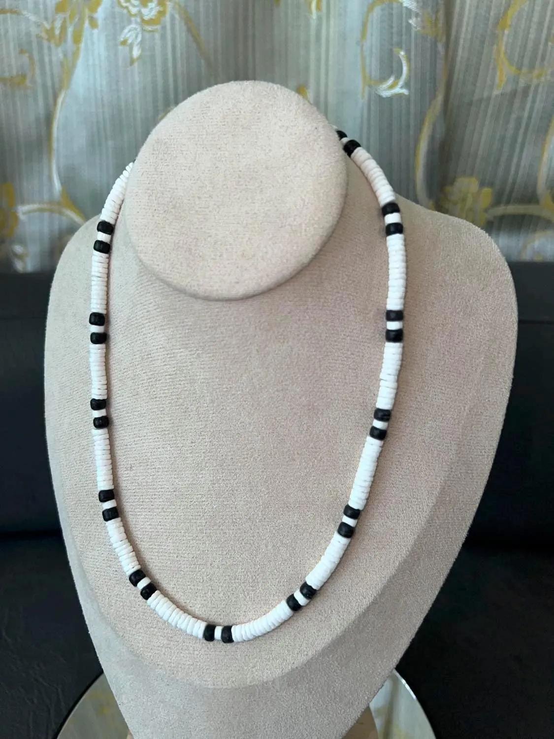 Native Treasure Mens and Womens Summer Beach Surfer Necklace From the Philippines, Smooth White Clam Heishe Ark Shells and Black Coconut Beads