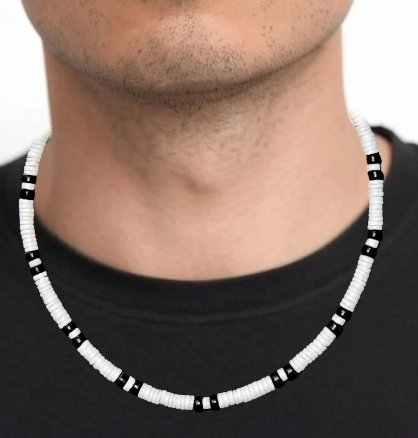 Native Treasure Mens and Womens Summer Beach Surfer Necklace From the Philippines, Smooth White Clam Heishe Ark Shells and Black Coconut Beads