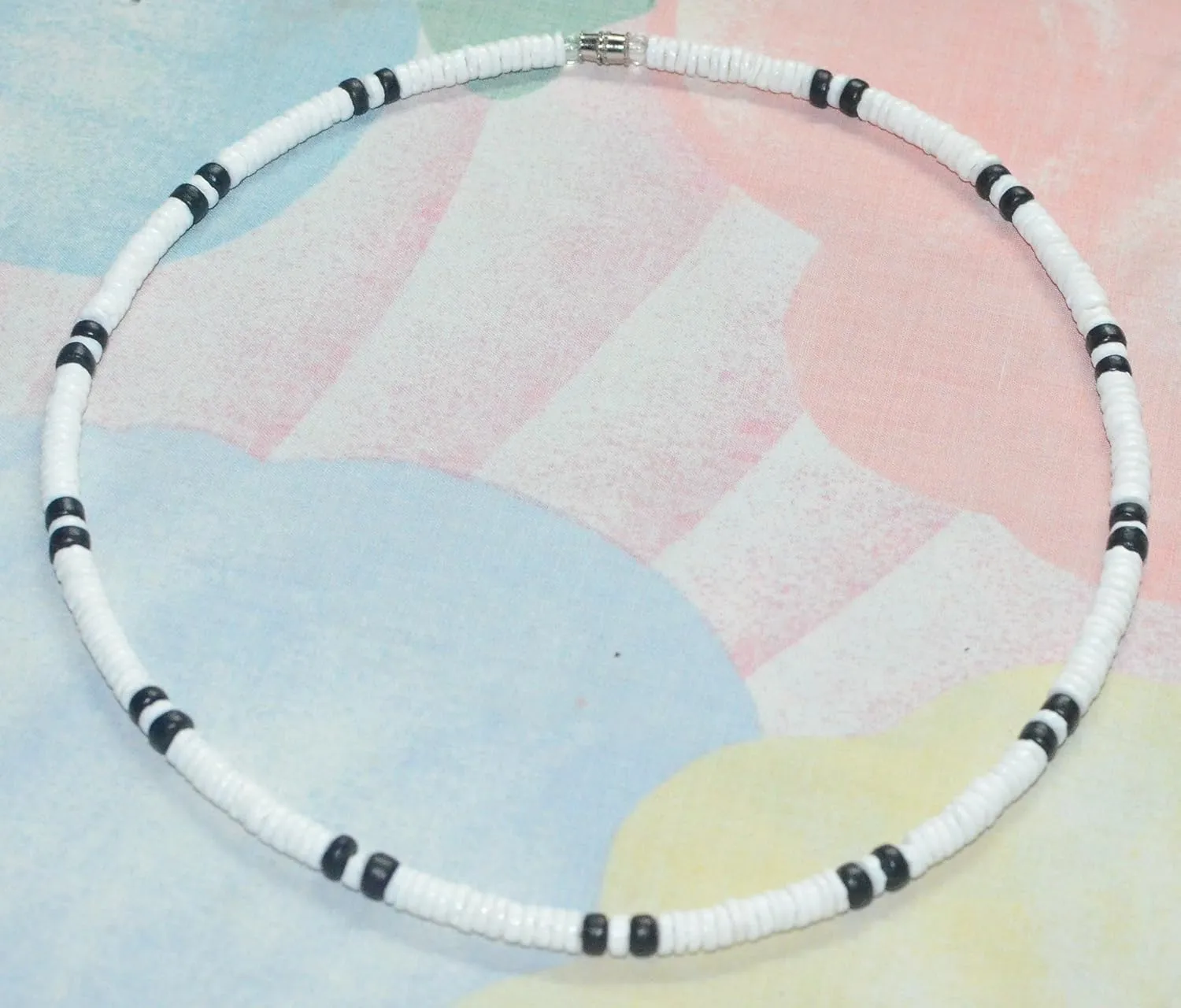 Native Treasure Mens and Womens Summer Beach Surfer Necklace From the Philippines, Smooth White Clam Heishe Ark Shells and Black Coconut Beads