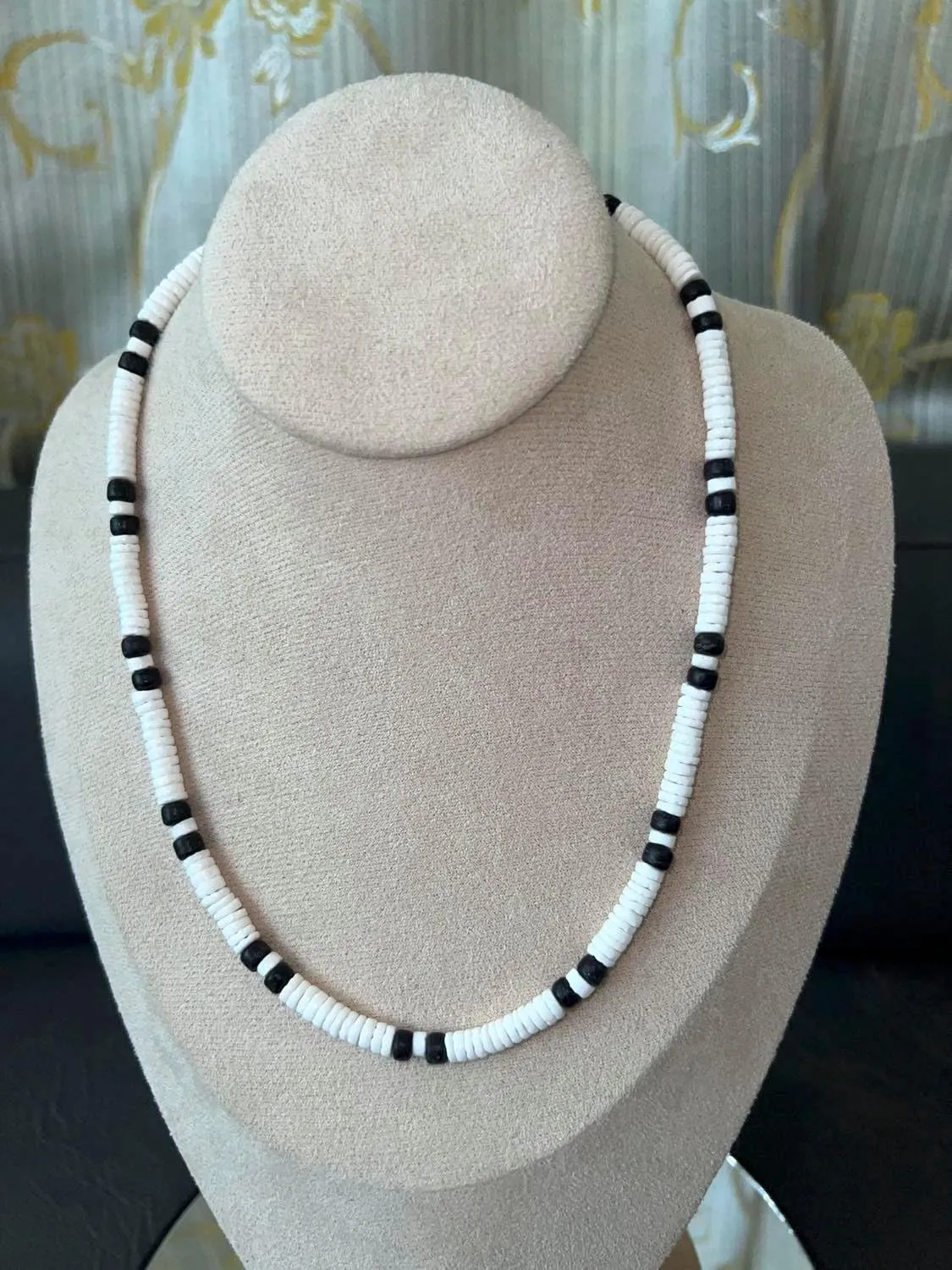 Native Treasure Mens and Womens Summer Beach Surfer Necklace From the Philippines, Smooth White Clam Heishe Ark Shells and Black Coconut Beads