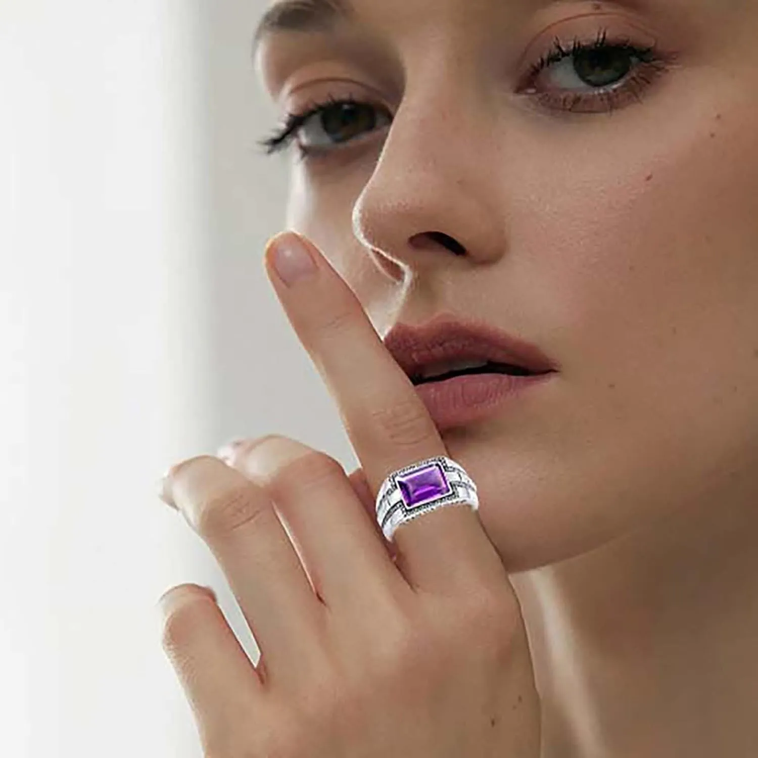 Natural Amethyst Signet Ring S925 Sterling Silver Square Amethyst Healing Ring for Women Men Couples Vintage 9 * 11mm 2 Carats