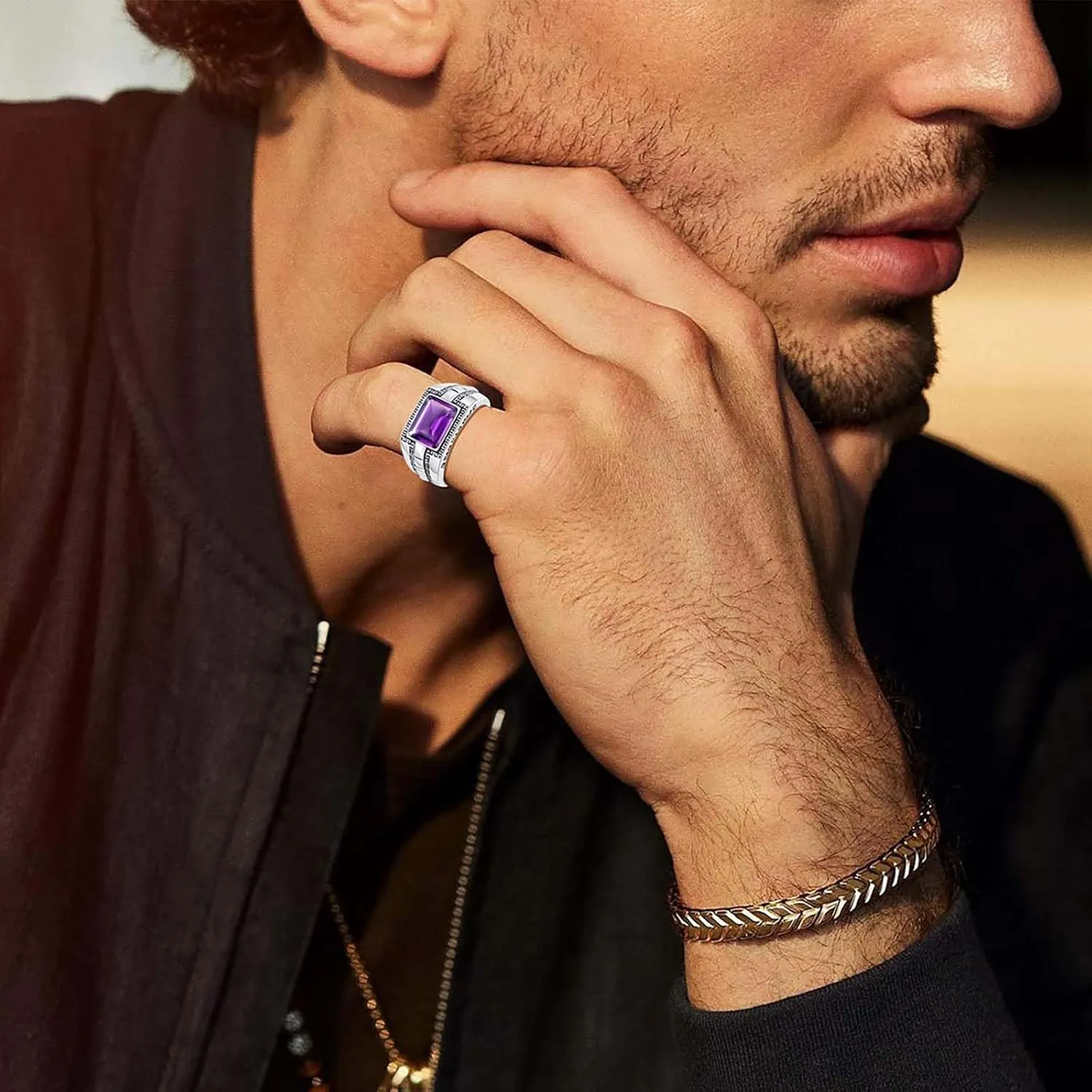 Natural Amethyst Signet Ring S925 Sterling Silver Square Amethyst Healing Ring for Women Men Couples Vintage 9 * 11mm 2 Carats