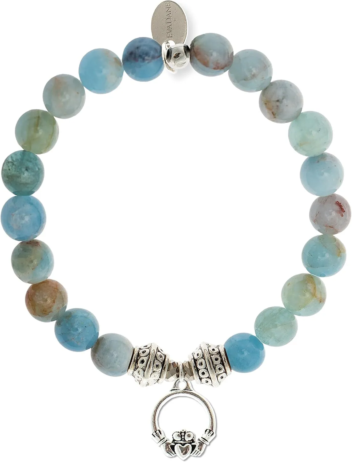 Natural Aquamarine Beryl Gemstone Tibetan Bead Claddagh Charm Stretch Bracelet