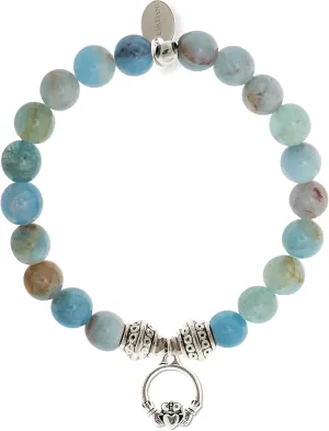 Natural Aquamarine Beryl Gemstone Tibetan Bead Claddagh Charm Stretch Bracelet