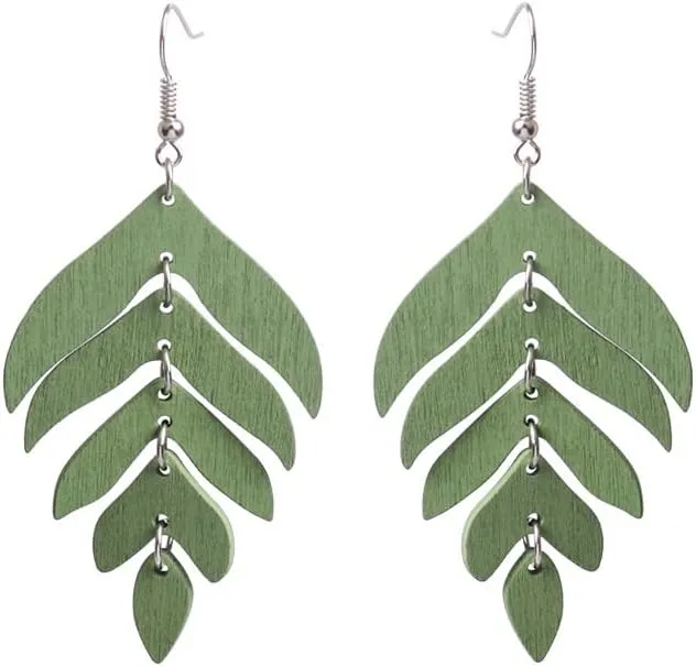 Nature Wooden Leaf Dangle Earrings for Women Handmade Lightweight Wood Palm Leaves Dangle Earrings for Women Ethnic Colorful Tropical Plant Ethnic Jewelry
