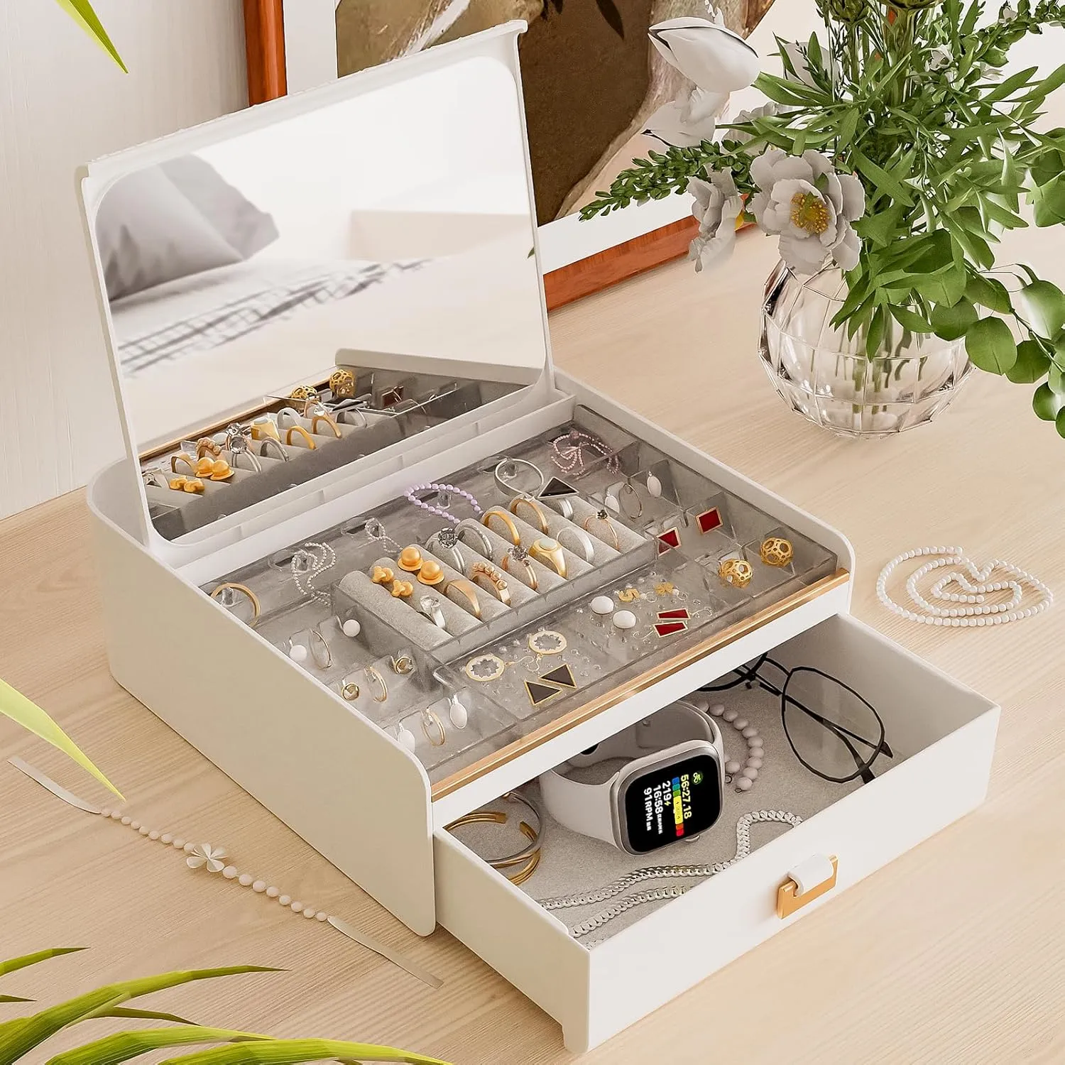 NATURE'S SOURCE Jewelry Organizer with Drawer and Mirror, Jewelry Box for Women Girls, Grid Storage Case for Earrings Necklaces Rings Bracelet Holder- White
