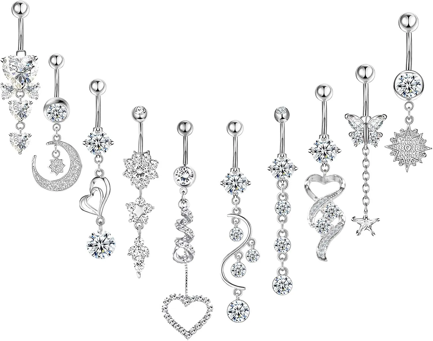 NEWITIN 10 Pieces 14G Belly Button Rings for Women Navel Ring Body Piercing Jewelry Set 316L Surgical Steel Inlaid Cubic Zirconia Belly Dangle Rings for Women