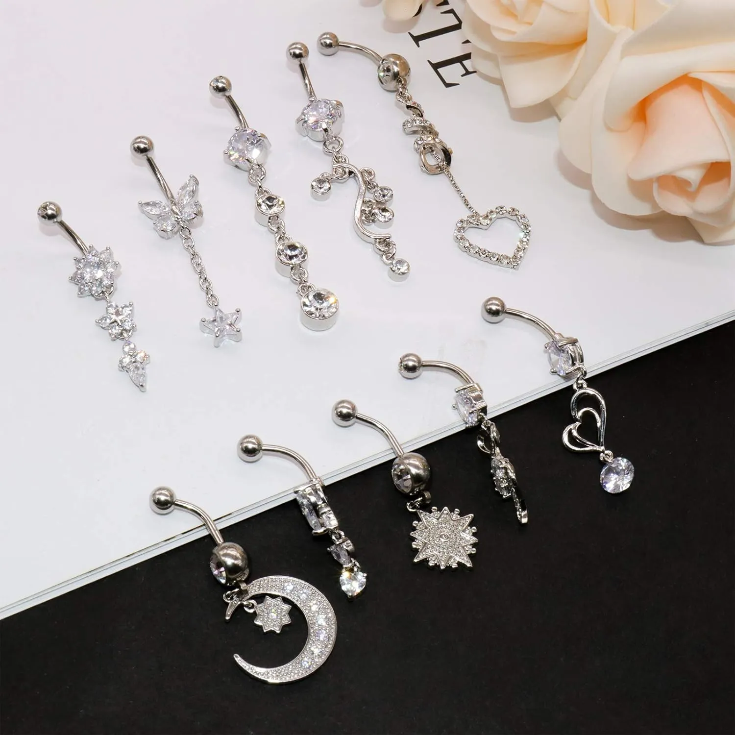 NEWITIN 10 Pieces 14G Belly Button Rings for Women Navel Ring Body Piercing Jewelry Set 316L Surgical Steel Inlaid Cubic Zirconia Belly Dangle Rings for Women