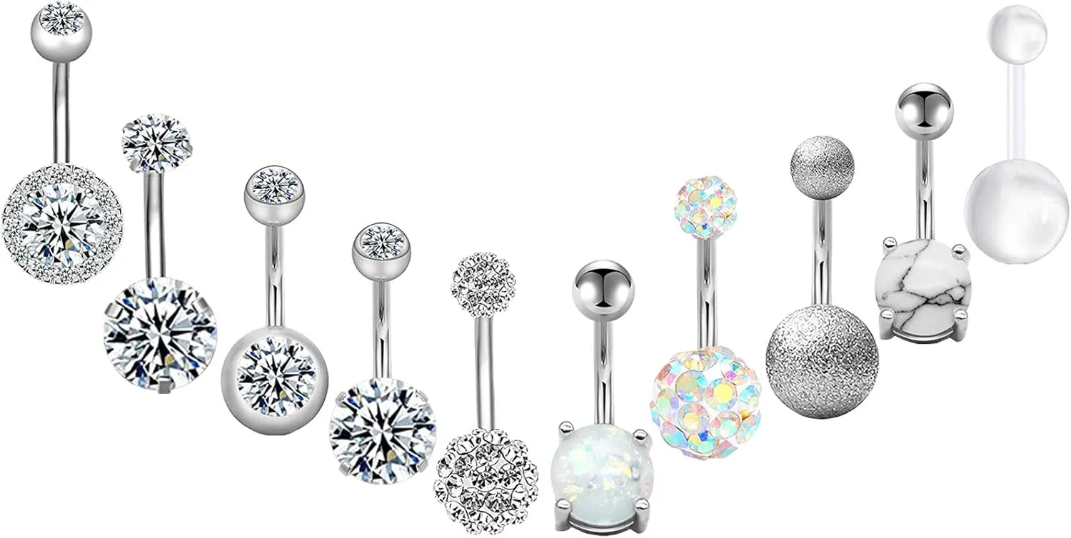 NEWITIN 10 Pieces 14G Belly Button Rings for Women Navel Ring Body Piercing Jewelry Set 316L Surgical Steel Inlaid Cubic Zirconia Belly Dangle Rings for Women