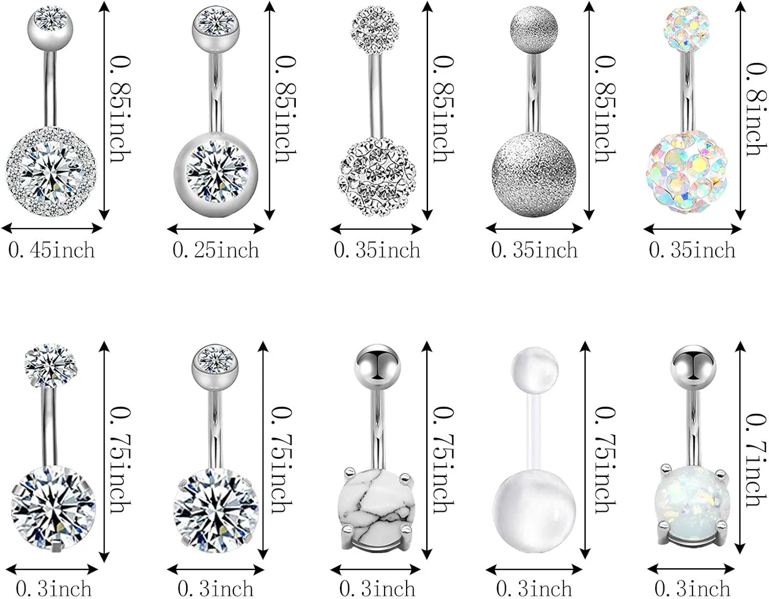 NEWITIN 10 Pieces 14G Belly Button Rings for Women Navel Ring Body Piercing Jewelry Set 316L Surgical Steel Inlaid Cubic Zirconia Belly Dangle Rings for Women