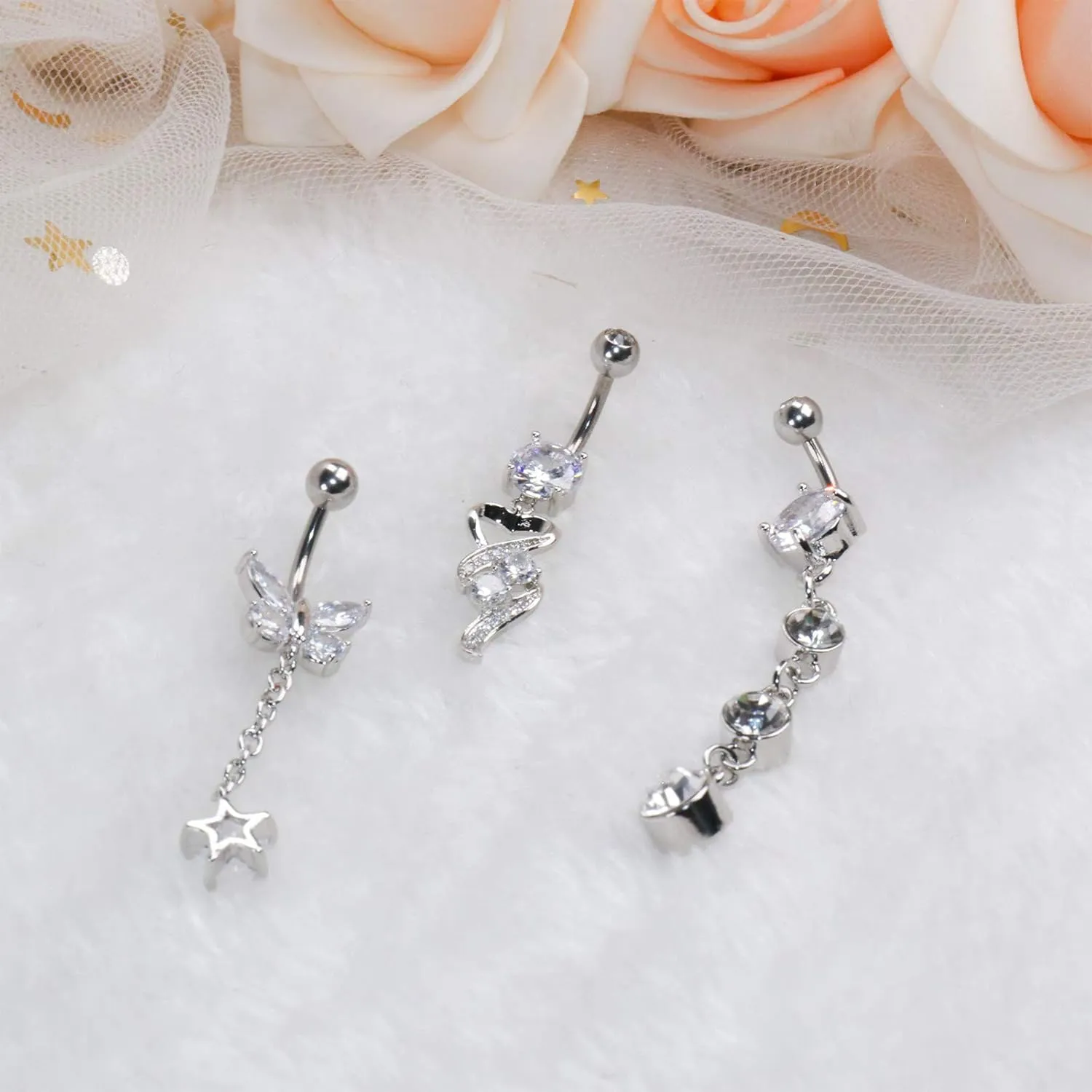 NEWITIN 10 Pieces 14G Belly Button Rings for Women Navel Ring Body Piercing Jewelry Set 316L Surgical Steel Inlaid Cubic Zirconia Belly Dangle Rings for Women