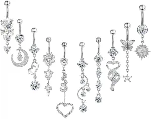 NEWITIN 10 Pieces 14G Belly Button Rings for Women Navel Ring Body Piercing Jewelry Set 316L Surgical Steel Inlaid Cubic Zirconia Belly Dangle Rings for Women