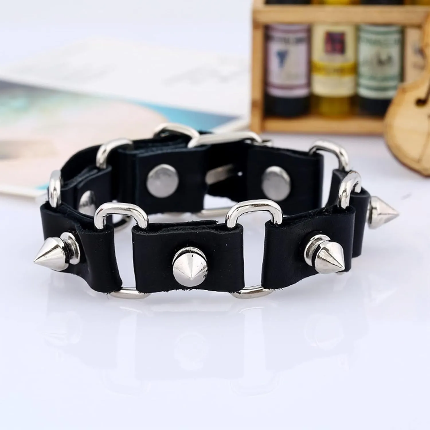 NEWITIN 12 Pieces PU Leather Bracelets Punk Bracelet Adjustable Goth Cuff Bracelet Gothic Rivet Buckle Wristbands Black Bracelets for Men Women
