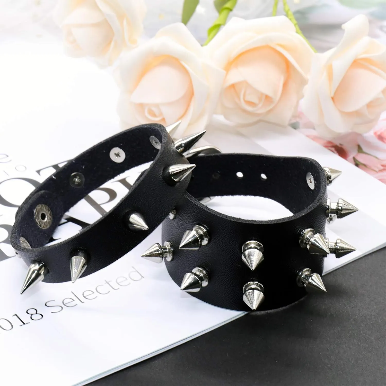 NEWITIN 12 Pieces PU Leather Bracelets Punk Bracelet Adjustable Goth Cuff Bracelet Gothic Rivet Buckle Wristbands Black Bracelets for Men Women