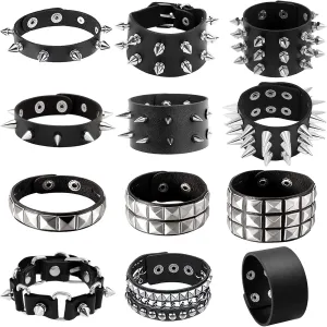 NEWITIN 12 Pieces PU Leather Bracelets Punk Bracelet Adjustable Goth Cuff Bracelet Gothic Rivet Buckle Wristbands Black Bracelets for Men Women