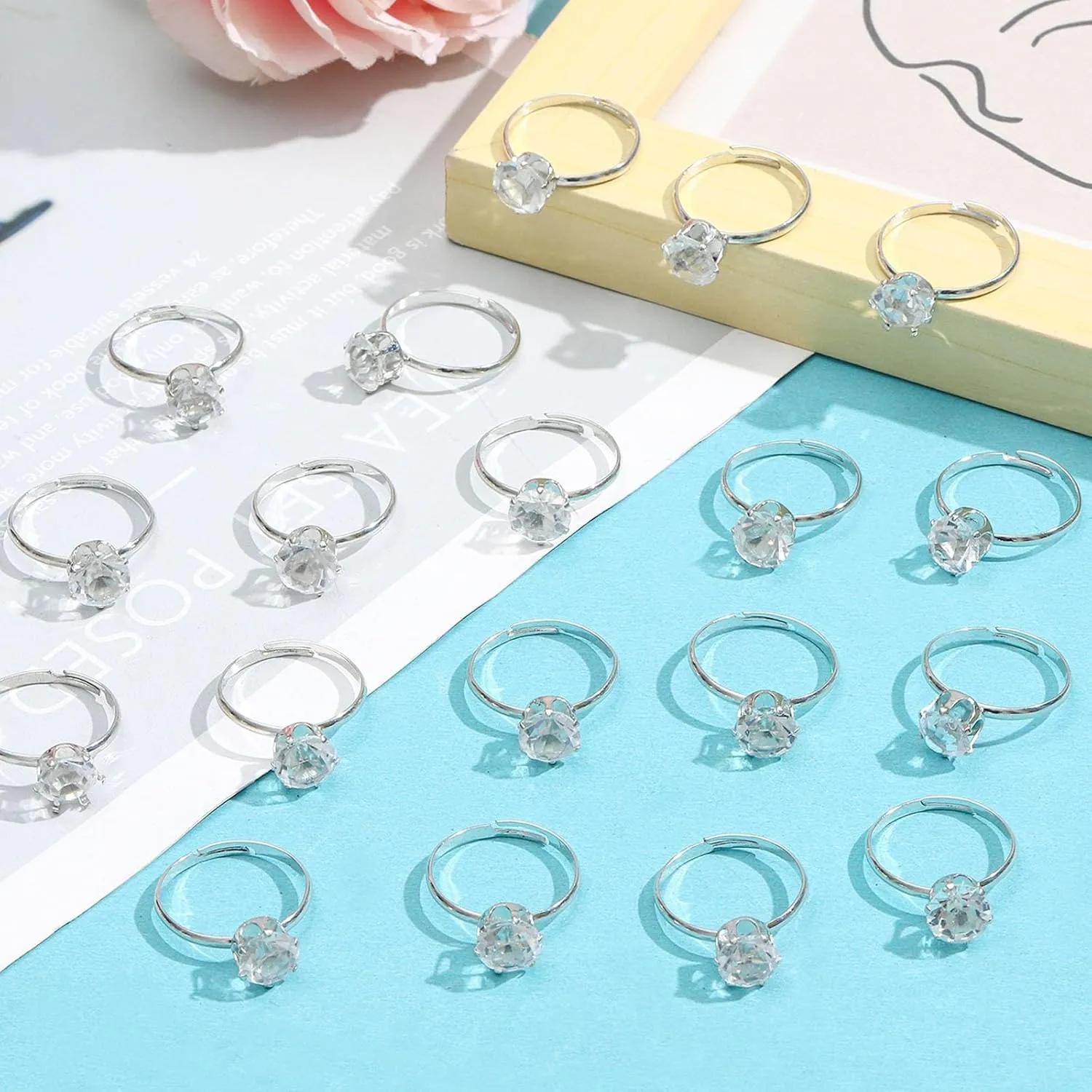 NEWITIN 120 Pieces Fake Rings Diamond Engagement Rings Silver Ring for Bridal Shower Party Game Wedding Table Decorations