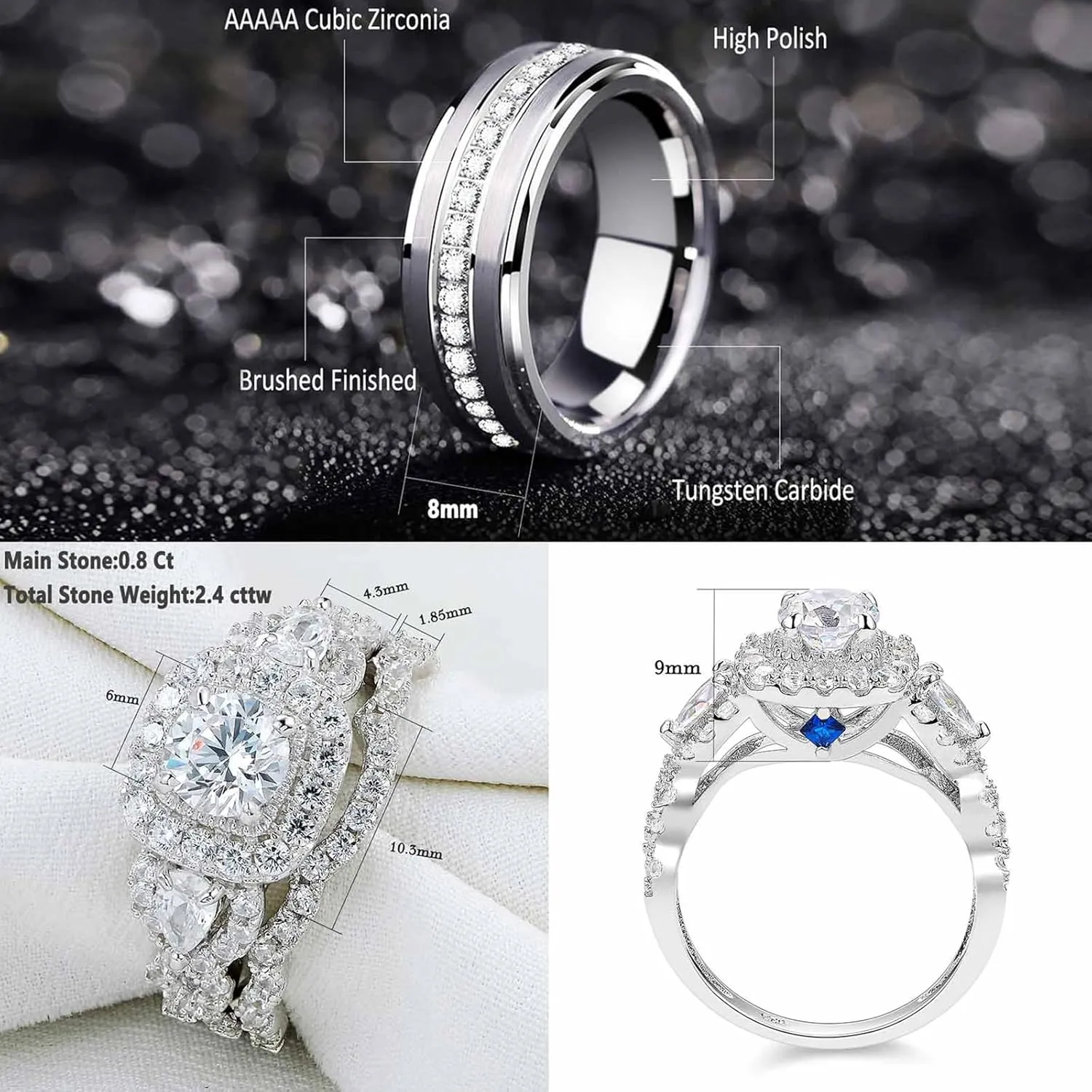 Newshe Jewellery Wedding Ring Sets for Him and Her Sterling Silver Promise Rings for Couples Women Mens Band Size 5-13