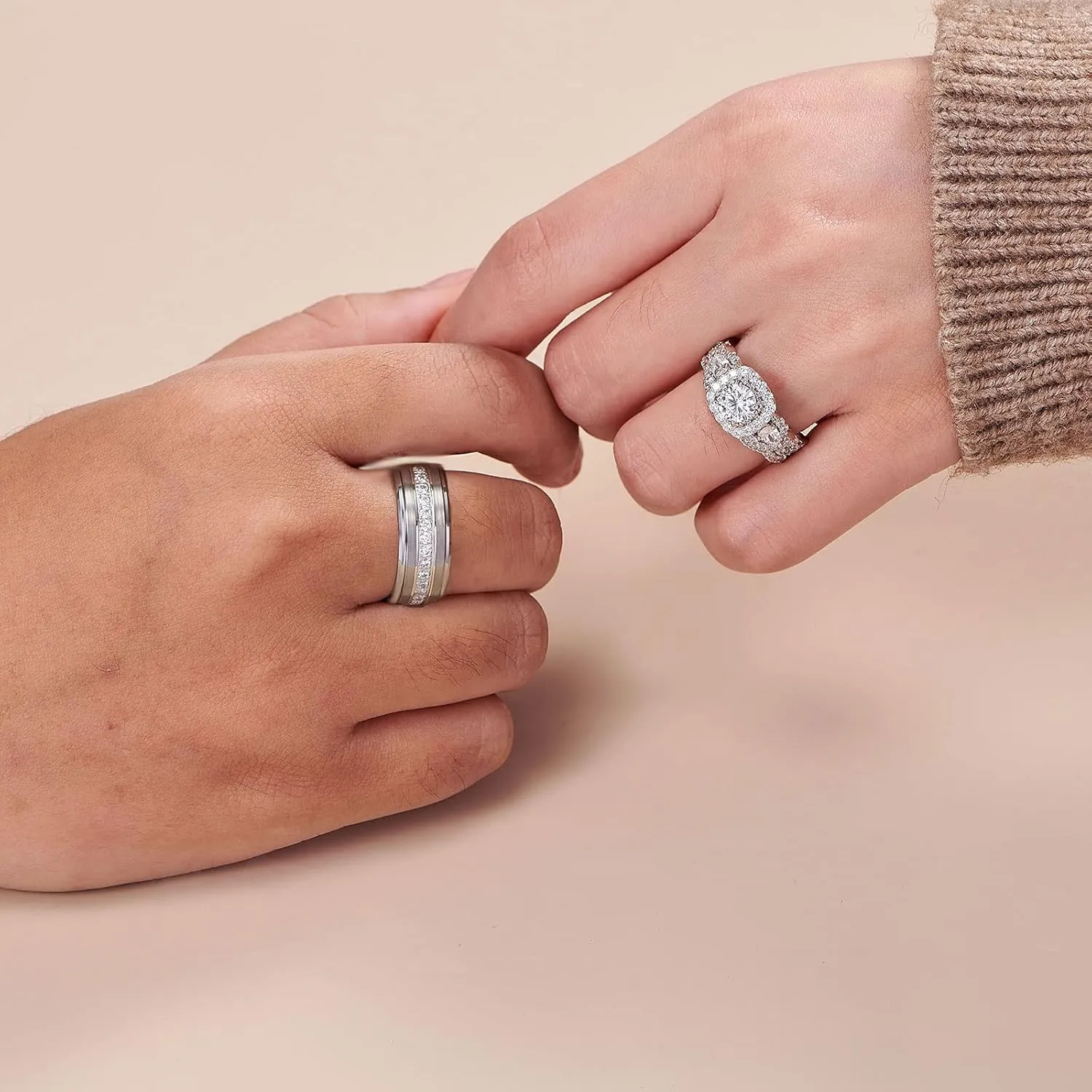Newshe Jewellery Wedding Ring Sets for Him and Her Sterling Silver Promise Rings for Couples Women Mens Band Size 5-13