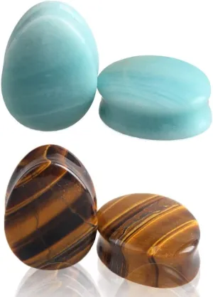 NewZenro Amazonite Tiger Eye Teardrop Ear Gauges Plugs Tunnels Stretcher Expanders Natural Organic Stones Double Flared Earrings Piercing Jewelry Set