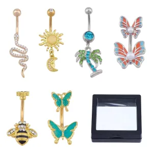 NICENEEDED 6 PCS Belly Buton Rings, Stainless Steel Belly Button Ring for Women, Dangle Belly Button Rings Butterfly Cubic Zirconia Body Belly Jewelry