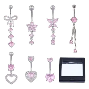 NICENEEDED 7 PCS Belly Buton Rings, Stainless Steel Belly Button Ring for Women, Dangle Belly Button Rings Pink Heart Cubic Zirconia Body Belly Jewelry