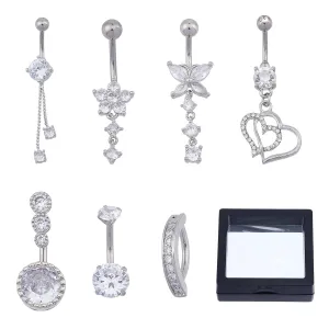 NICENEEDED 7 PCS Sliver Belly Buton Rings, Stainless Steel Belly Button Ring for Women, Dangle Belly Button Rings Heart Floral Cubic Zirconia Body Belly Jewelry