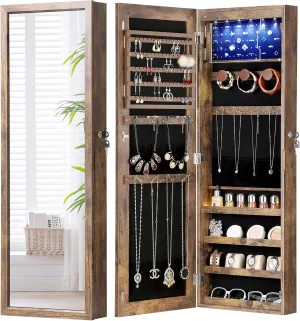 Nicetree 6 LEDs Mirror Jewelry Cabinet with 3 Improvements, 4.2" D Door/Wall Mounted Jewelry Armoire with Full Length Mirror, Larger Capacity, Rustic Brown