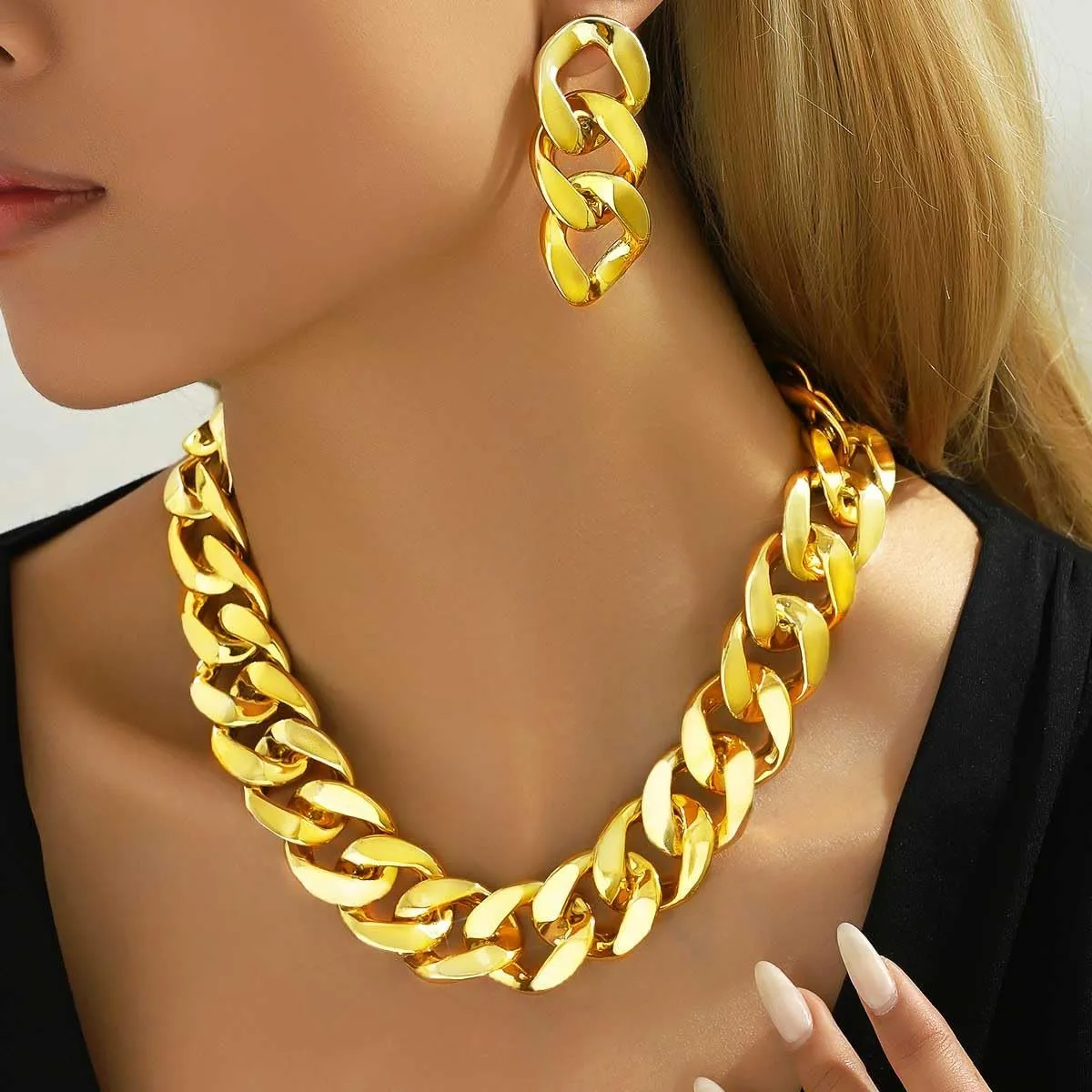 Nicute Gold Thick Necklace Earrings Set for Women Chunky Choker Necklace Sets Hip Hop Collar Statement Necklaces Jewelry
