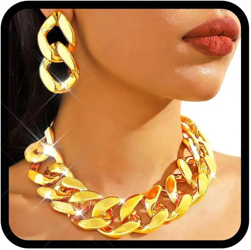 Nicute Gold Thick Necklace Earrings Set for Women Chunky Choker Necklace Sets Hip Hop Collar Statement Necklaces Jewelry