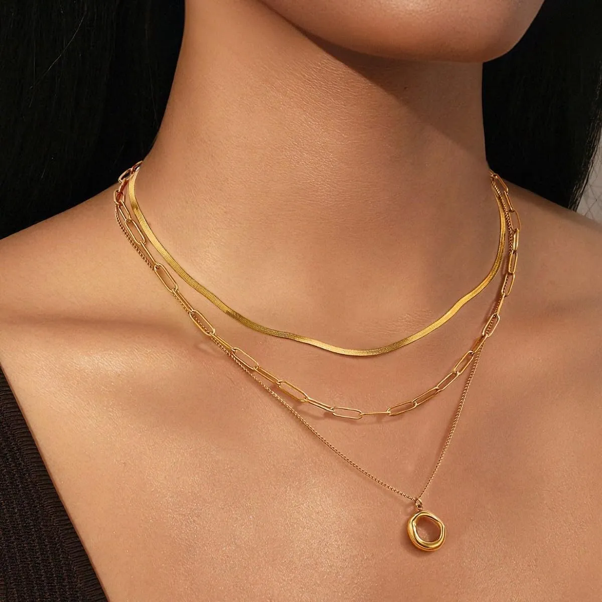 NIQIPOK Layered Gold Necklaces Set for Women 3Pcs Dainty 14k Gold Plated Choker Necklace Stainless Steel Bead Chain Choker Necklace Simple Cute Gold Chain Layering Pendant Jewelry Set