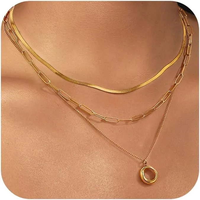 NIQIPOK Layered Gold Necklaces Set for Women 3Pcs Dainty 14k Gold Plated Choker Necklace Stainless Steel Bead Chain Choker Necklace Simple Cute Gold Chain Layering Pendant Jewelry Set