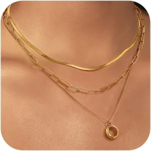 NIQIPOK Layered Gold Necklaces Set for Women 3Pcs Dainty 14k Gold Plated Choker Necklace Stainless Steel Bead Chain Choker Necklace Simple Cute Gold Chain Layering Pendant Jewelry Set