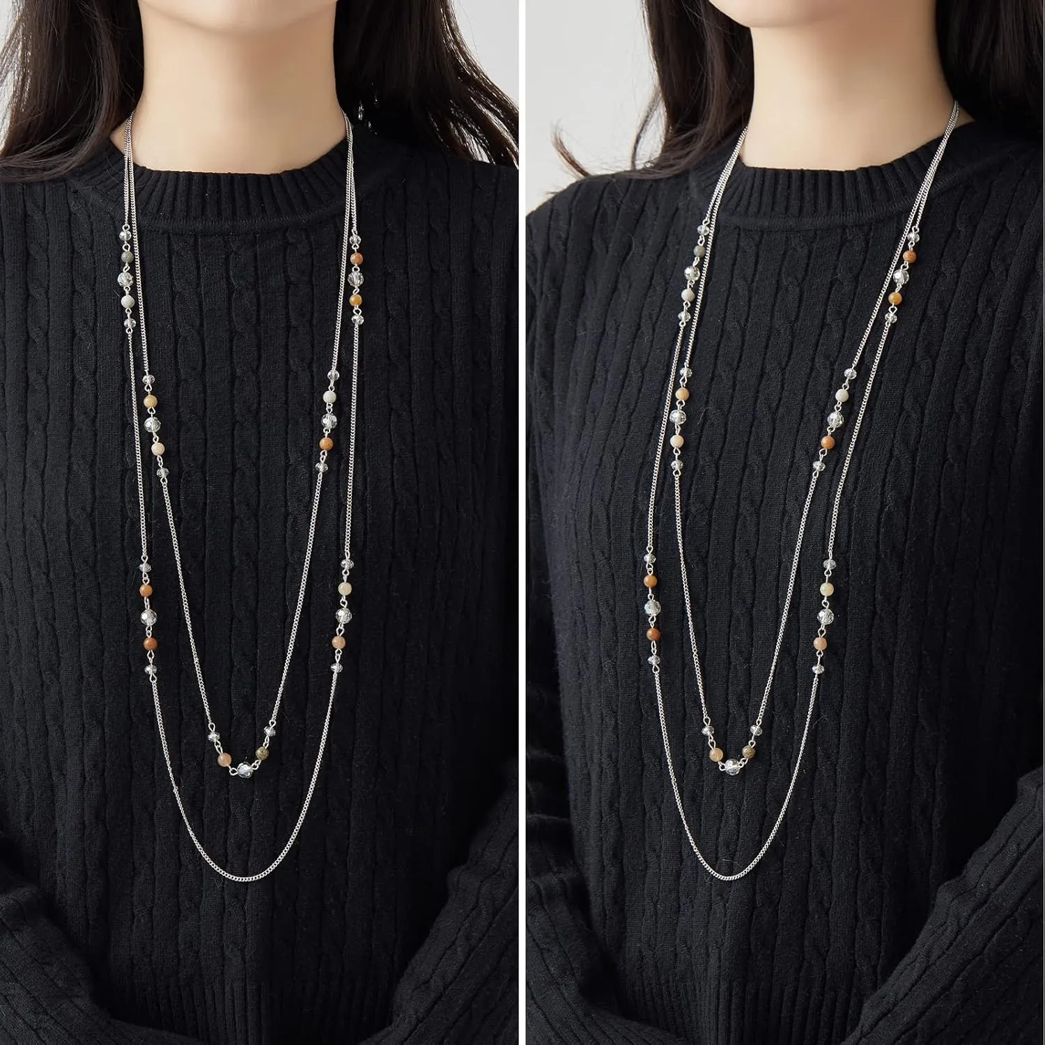 Noessla Long Silver Necklace for Women Bohemian Layered Statement Costume Long Necklaces for Women Fashion Jewelry Mothers Day Gifts