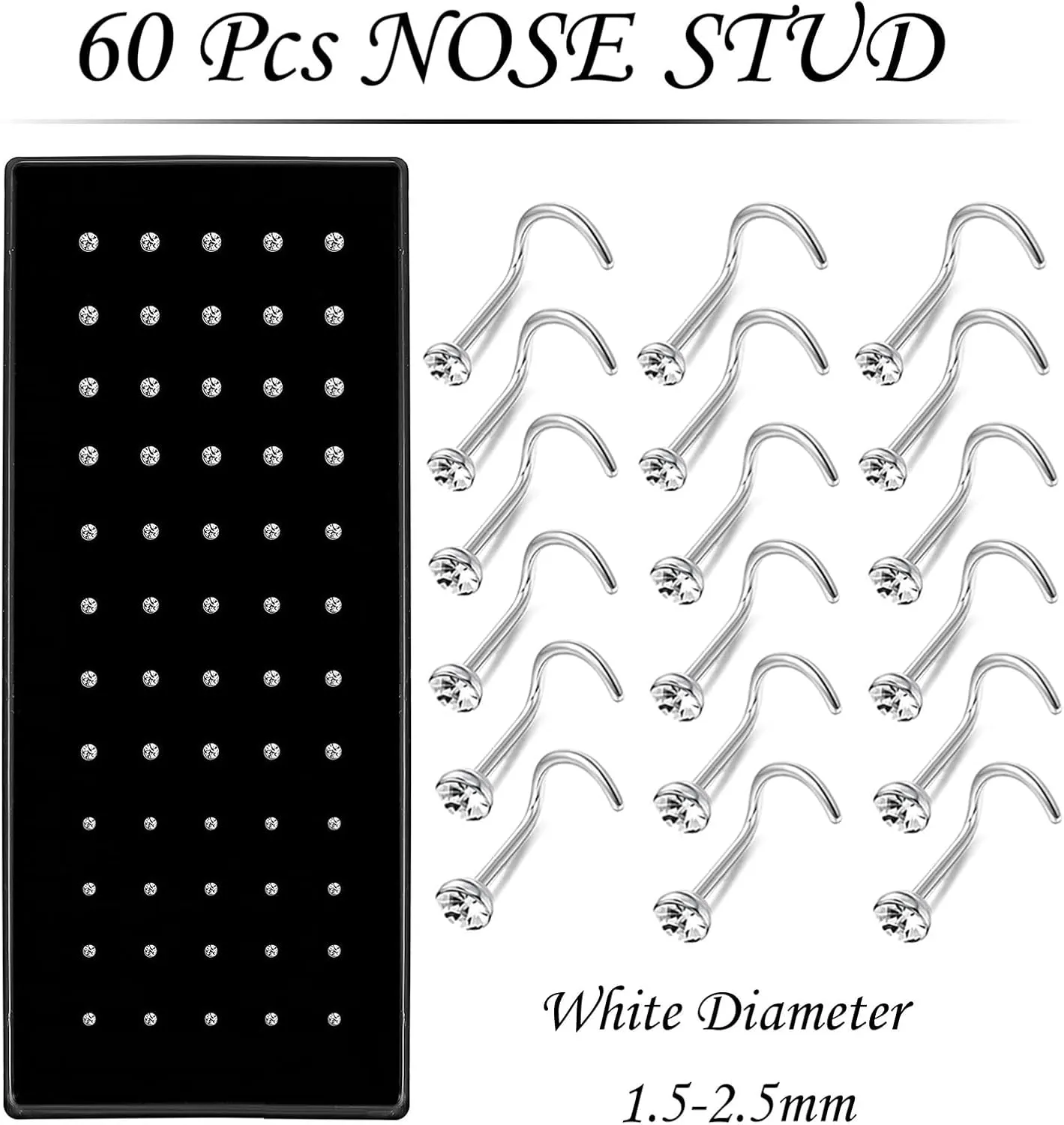 Nose Rings Studs and Hoops, Surgical Stainless Steel Hypoallergenic Nose Rings Set for Women Men, Straight/L/Screw Shaped and 1.5/2.0/2.5mm Rhinestone Nose Piercing Jewelry and Ideal Gift