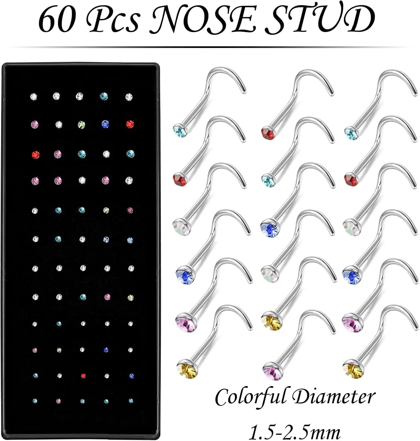 Nose Rings Studs and Hoops, Surgical Stainless Steel Hypoallergenic Nose Rings Set for Women Men, Straight/L/Screw Shaped and 1.5/2.0/2.5mm Rhinestone Nose Piercing Jewelry and Ideal Gift