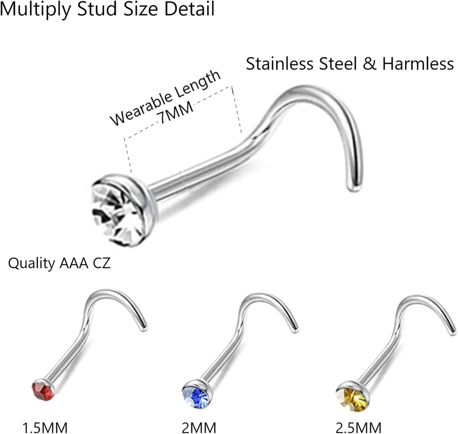 Nose Rings Studs and Hoops, Surgical Stainless Steel Hypoallergenic Nose Rings Set for Women Men, Straight/L/Screw Shaped and 1.5/2.0/2.5mm Rhinestone Nose Piercing Jewelry and Ideal Gift